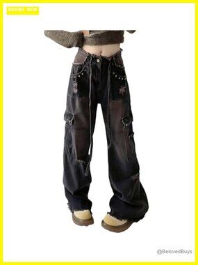 Womens Baggy Cargo Denim Pants Drawstring Ripped Y2K Jeans